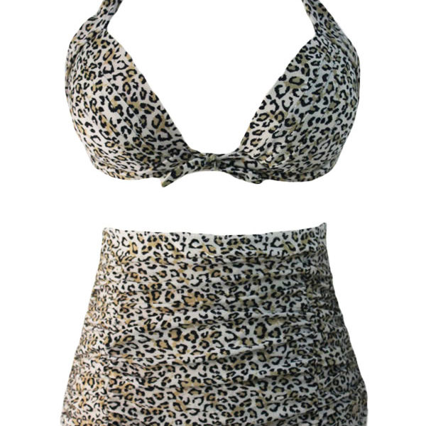 Leopárd mintás fürdőruha, 2 részes bikini, magas derekú alsóval
