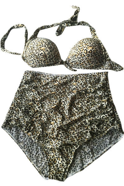 Leopárd mintás fürdőruha, 2 részes bikini, magas derekú alsóval